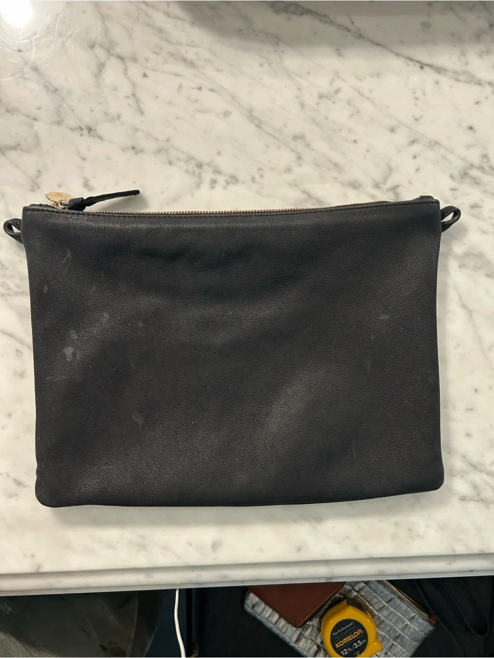 Clare V Flat Tab Nubuck Suede Leather Zipper Top Clutch in Black